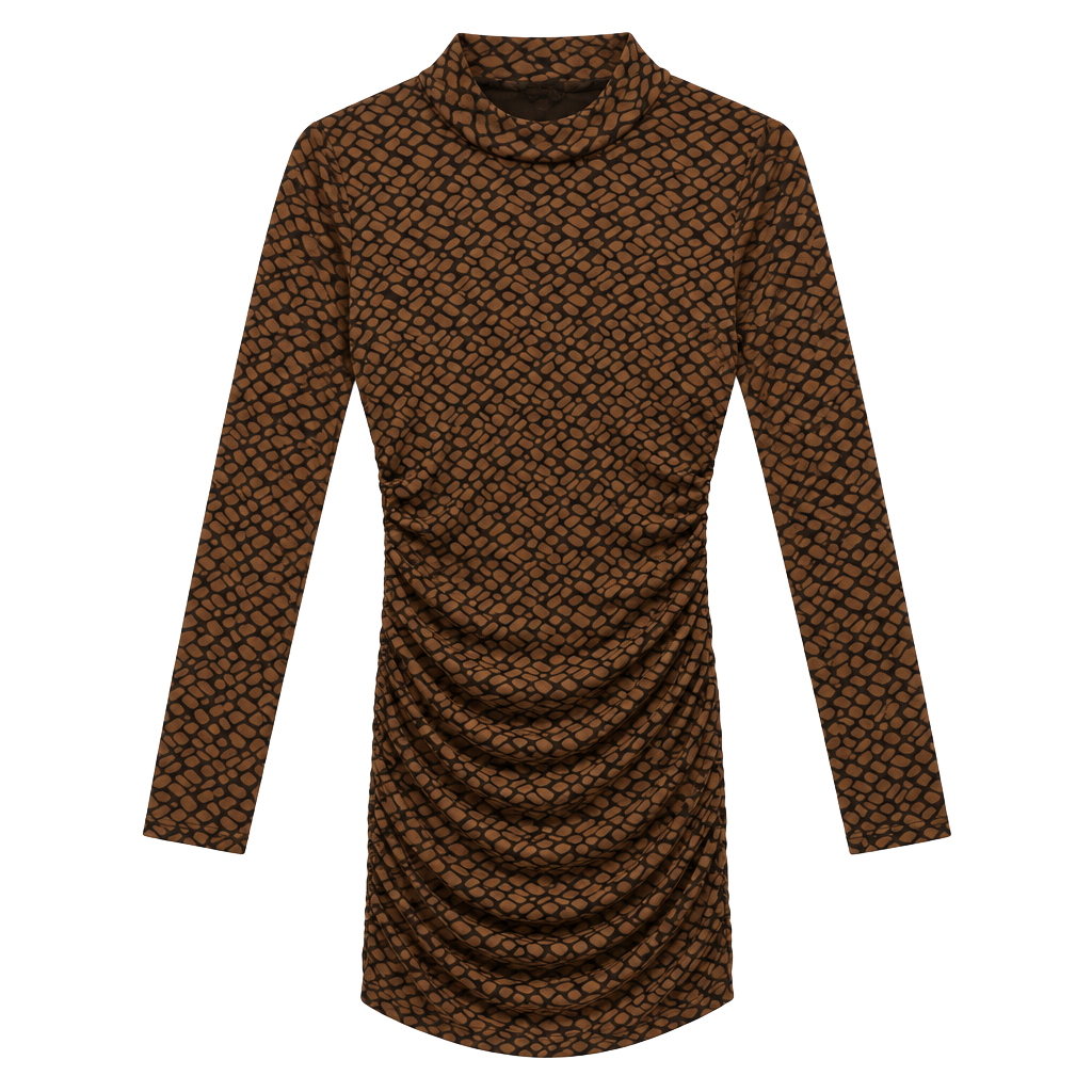 Originality Brown Snake Print Long Sleeve Mock Neck Ruched Mini Dress
O890 1