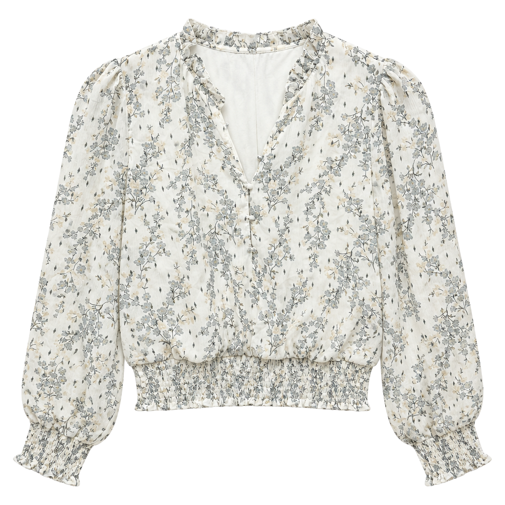 Tamara H. Blouse Size S/P White Floral Long Sleeve Smocked Waist 1