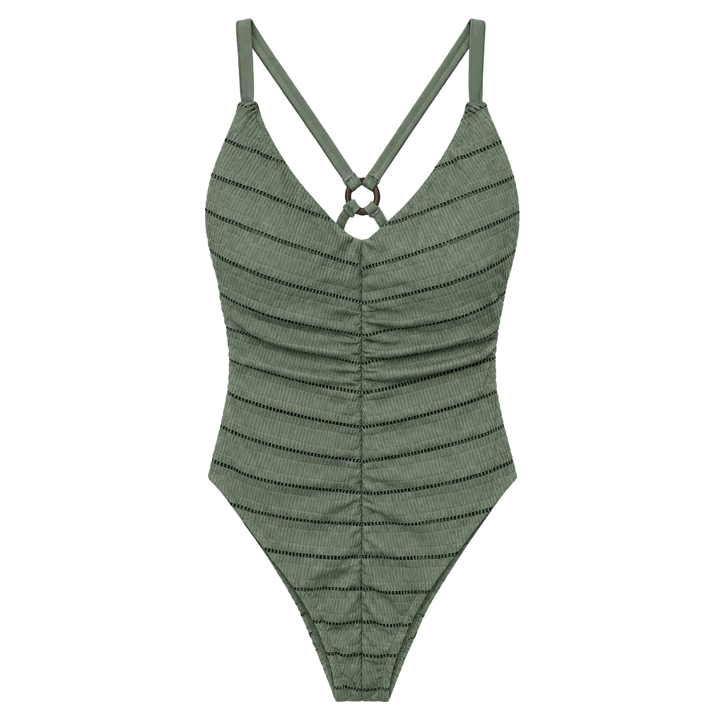Time and Tru One Piece Swimsuit Size M (8-10) Green Textured 1