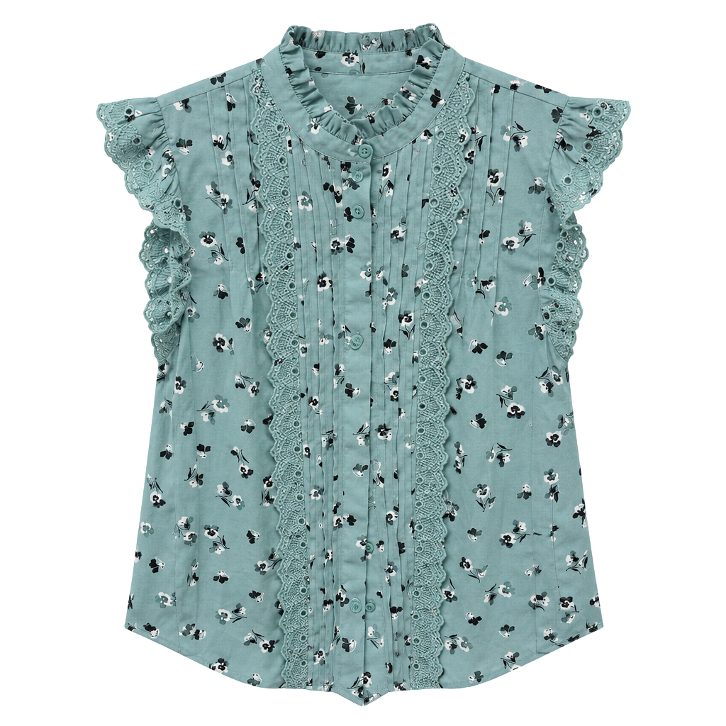 Ann Taylor Ruffle Blouse Size S Blue Floral Sleeveless Eyelet Trim 1