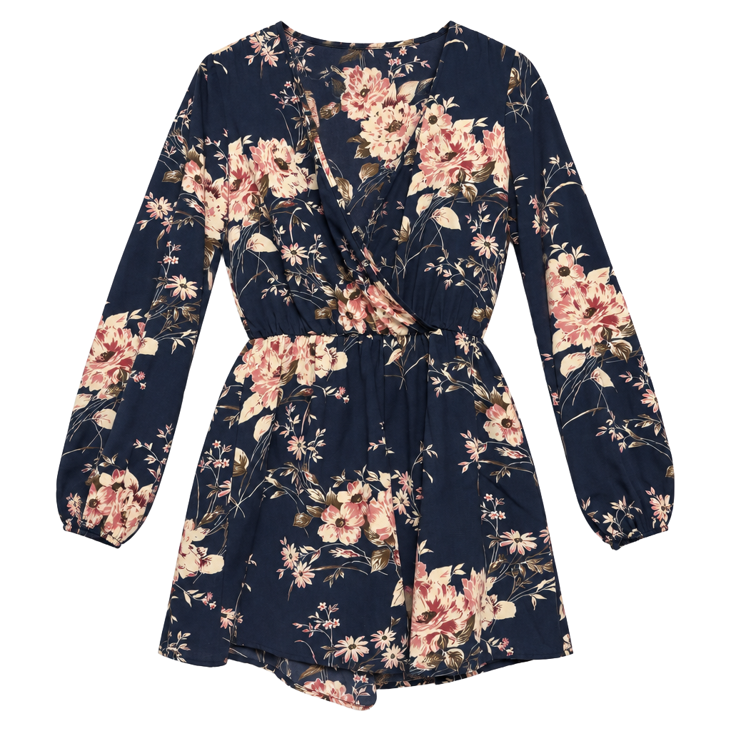 Agaci Floral Romper Size S Navy Pink Long Sleeve V-Neck 1