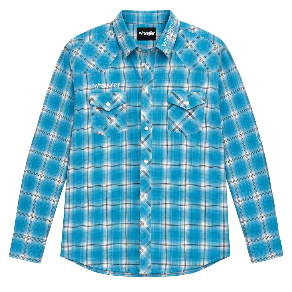 Wrangler Western Shirt Size XXL Turquoise Logo Plaid Long Sleeve 1