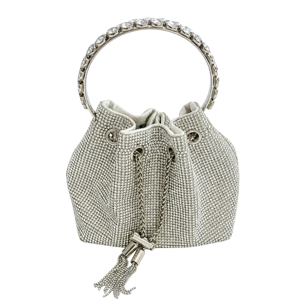 Silver Rhinestone Bucket Bag with Crystal Embellished Ring Handle 1