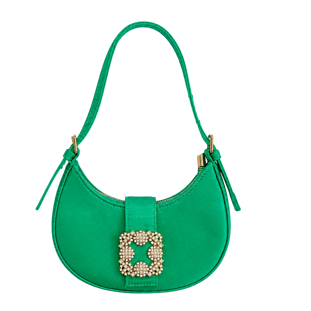 Green Satin Crescent Shoulder Bag with Crystal Buckle and Crossbody Strap 1