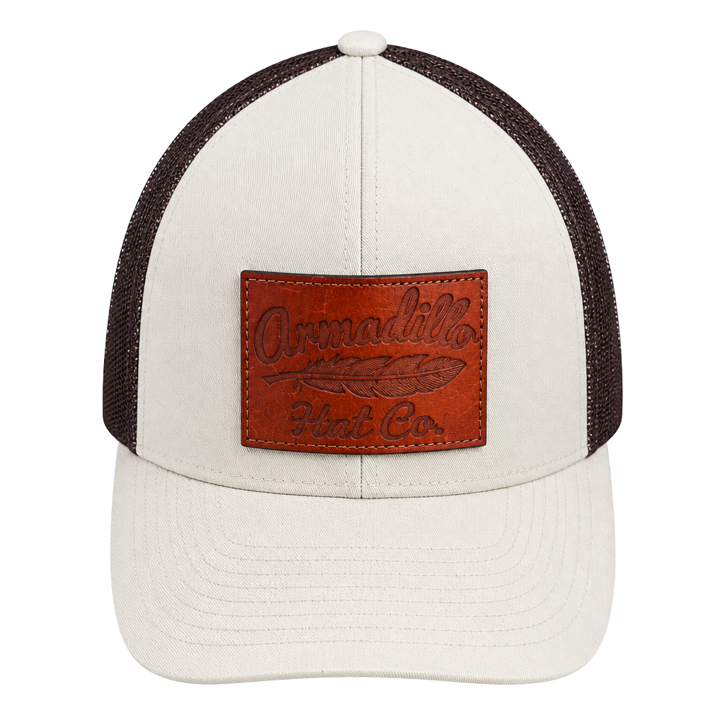 Armadillo Hat Co. Trucker Hat 104C Pro Model Tan Brown Leather Patch Snapback 1