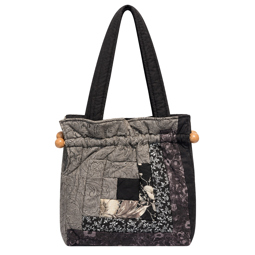 Handmade Quilted Patchwork Tote Bag with Wooden Bead Accents 1