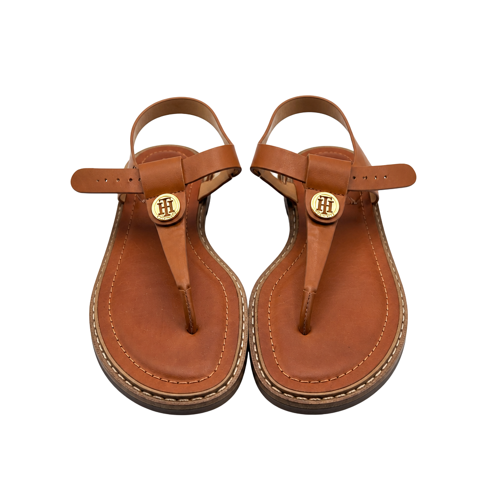 Tommy Hilfiger Bennia Brown Leather T-Strap Thong Sandals with Gold Logo Medallion 1