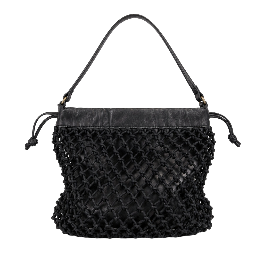 Elizabeth and James Black Leather and Rope Mesh Market Shoulder Bag 1