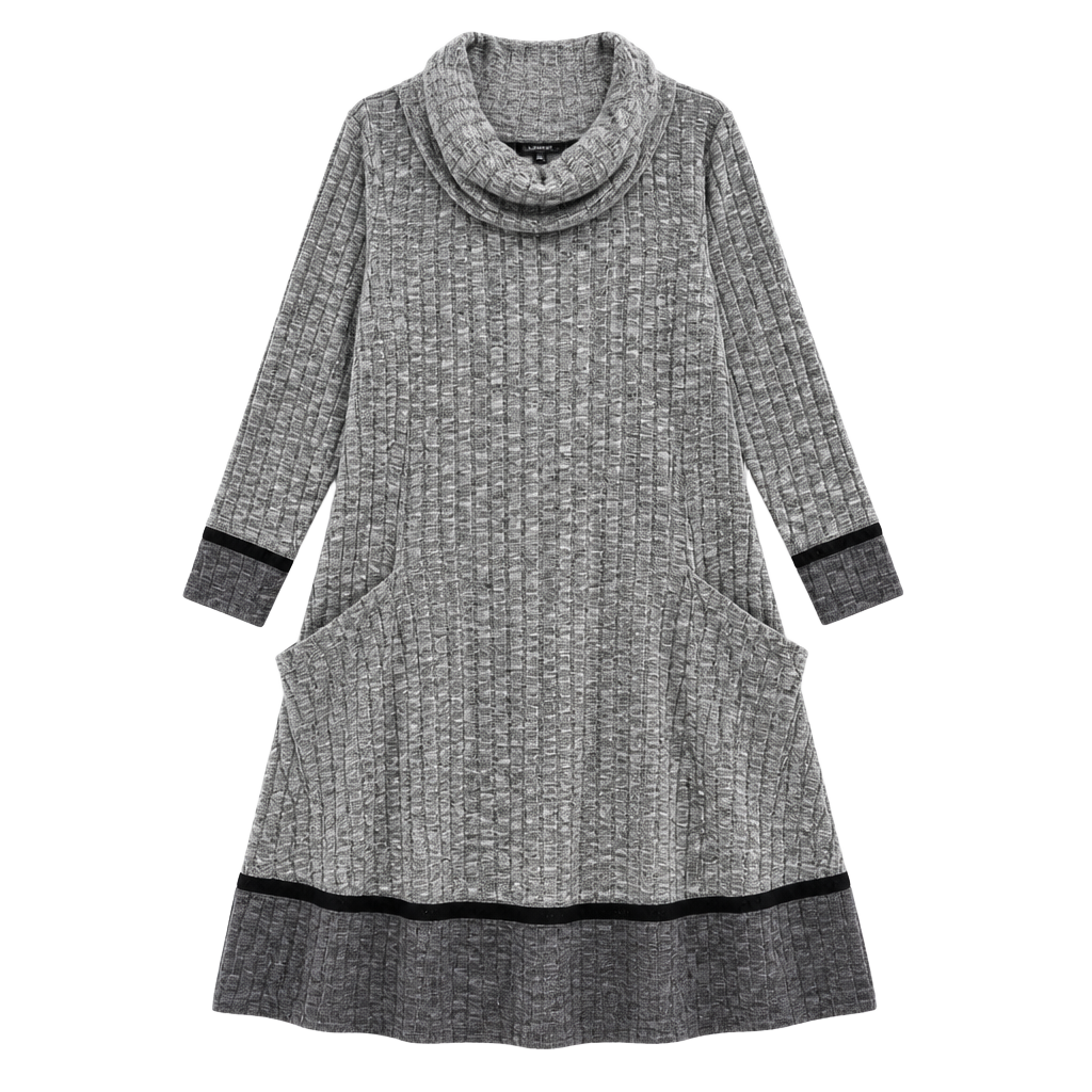 Robbie Bee Grey Ribbed Cowl Neck Knit Dress with Pockets Size L 1