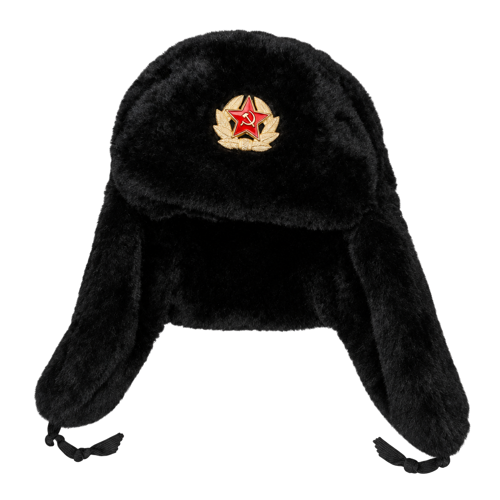 Vintage Russian Soviet Army Ushanka Winter Hat Size 59 Black Faux Fur 1