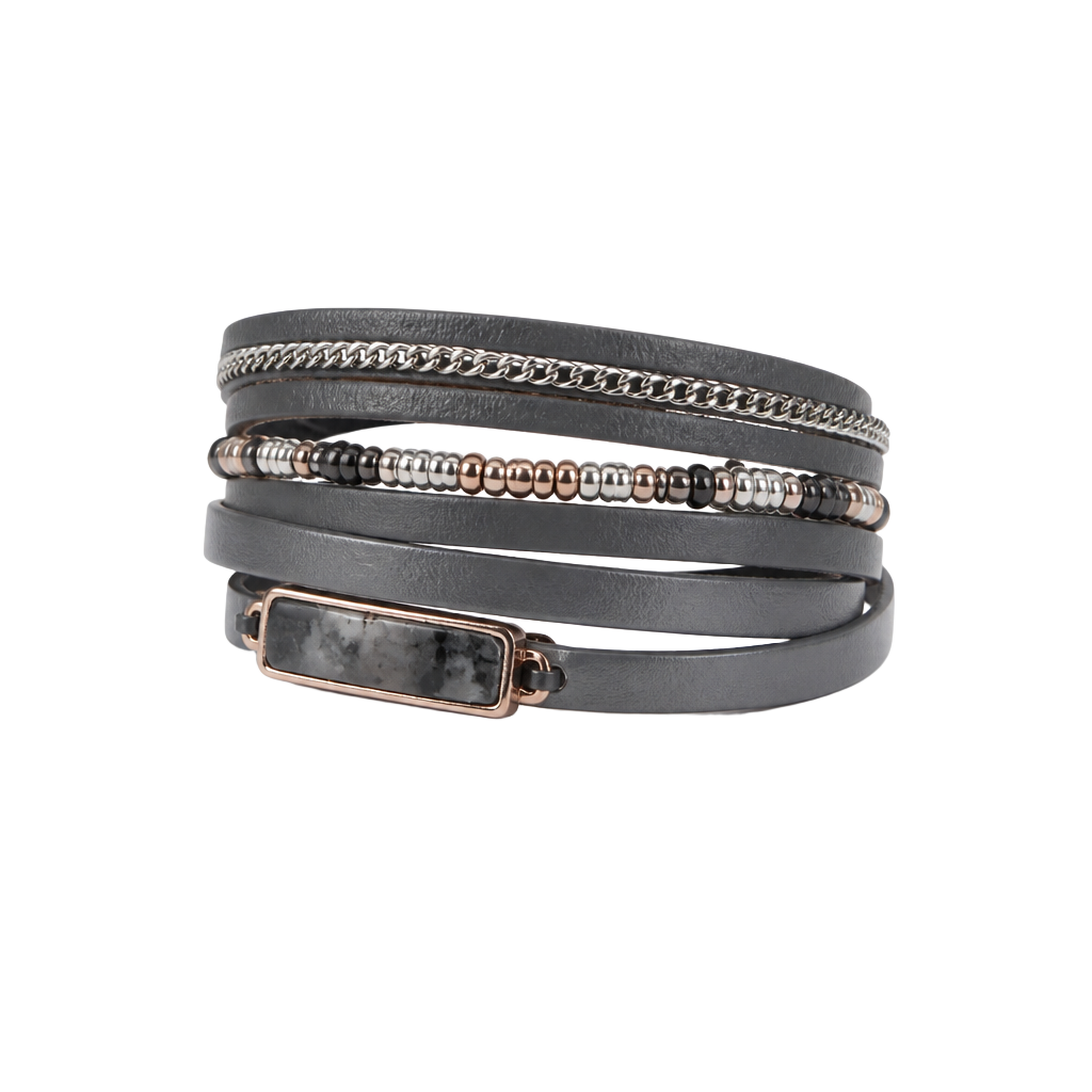 Stella & Dot Yves Wrap Bracelet in Grey Leather with Beaded and Chain Details 1