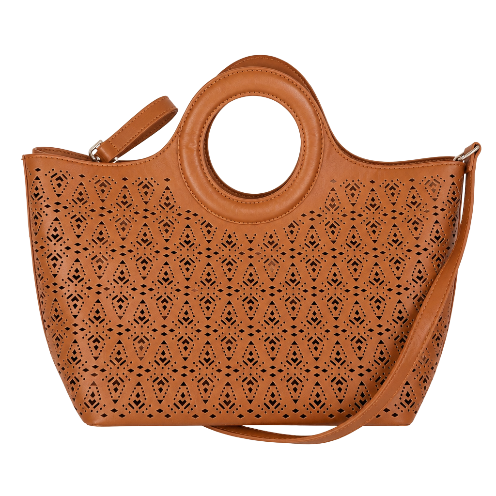 Free People Cognac Laser Cut Leather Tote and Crossbody Bag 1