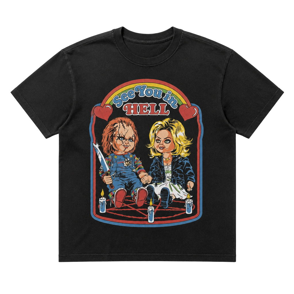 Chucky & Tiffany "See You In Hell" Childs Play T. Shirt Size Large Horror Movie 1