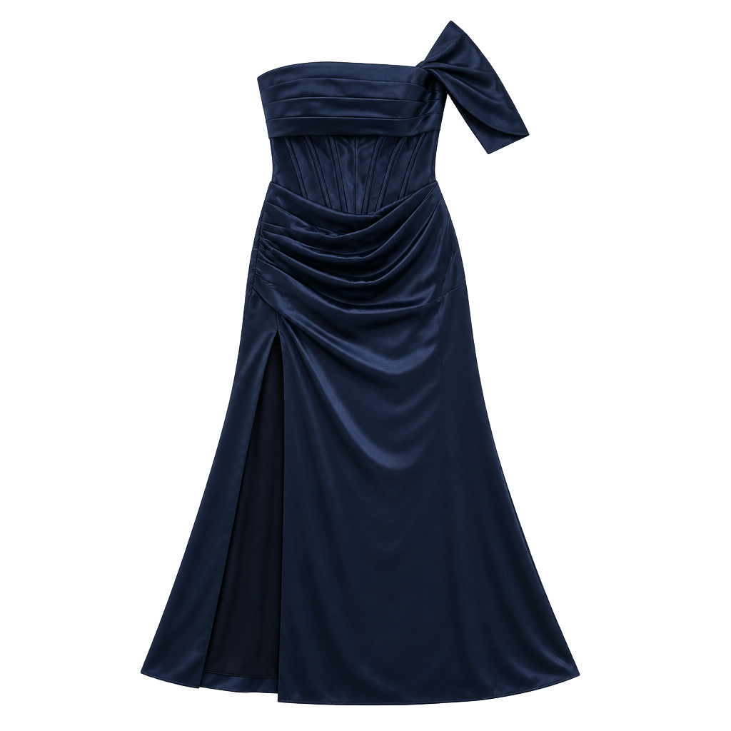 JJ's House Dark Navy Satin Off-The-Shoulder Corset Gown Evening Dress Sz.8/L 1