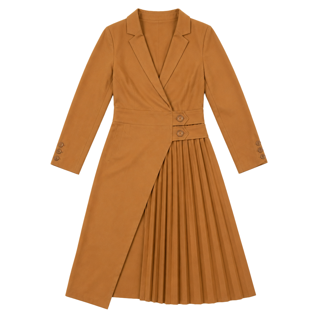 Paisie Tailored Blazer Dress with Pleated Skirt Size 12 Camel 1