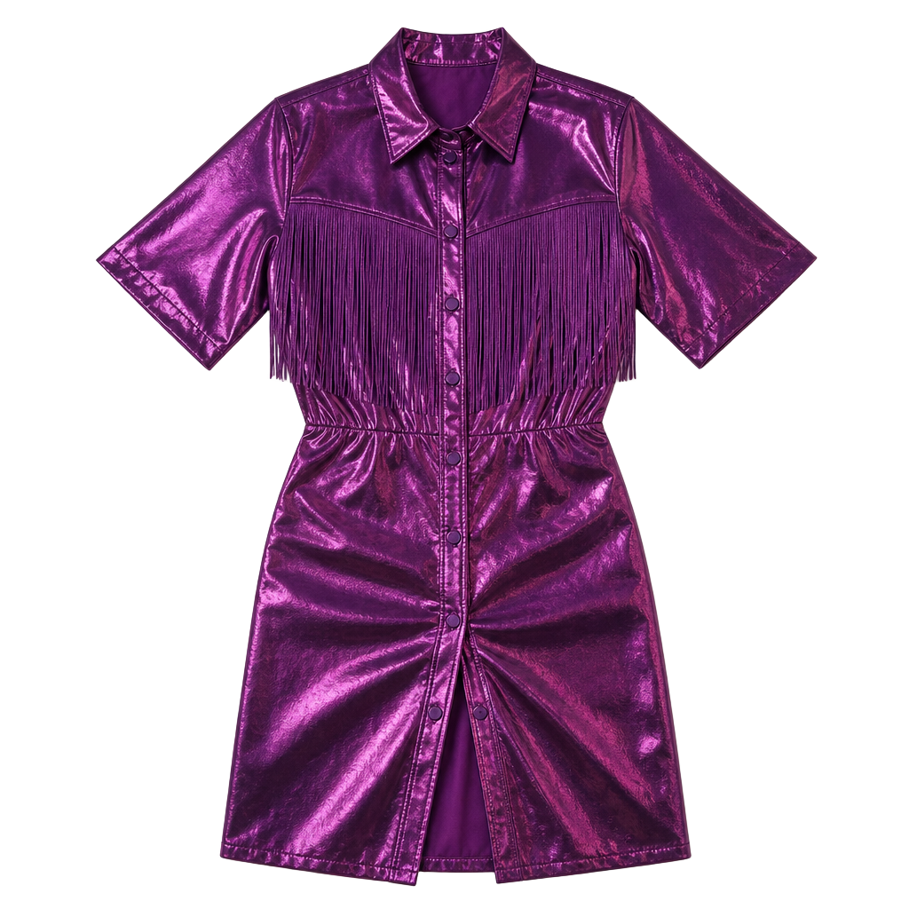 TCEC Metallic Purple Faux Leather Fringe Button-Down Dress Sz.L BNWOT 1