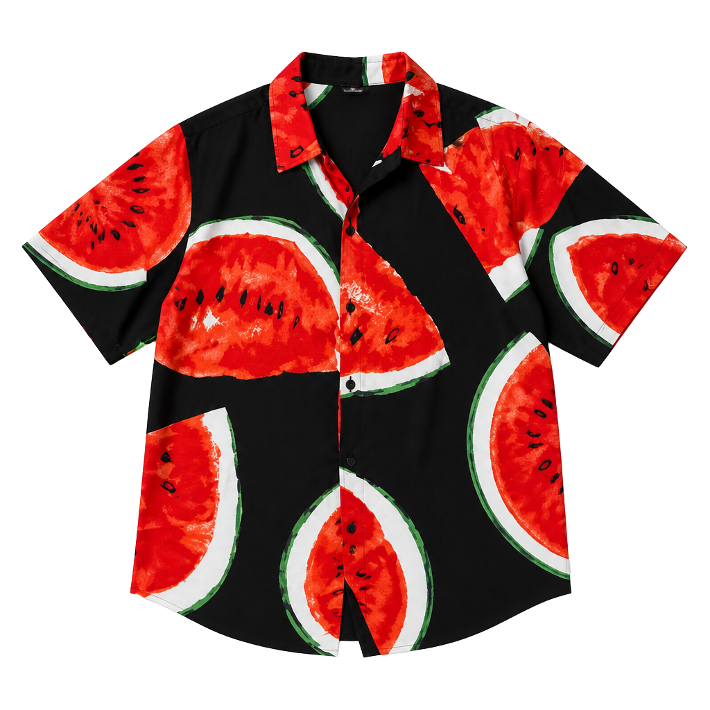 No Boundaries Men's Watermelon Print Short Sleeve Rayon Button-Down Shirt Sz.M 1