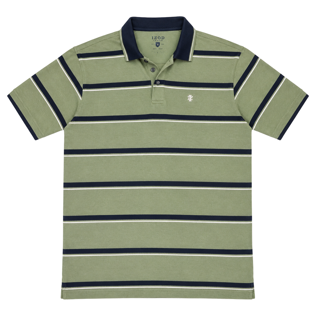 IZOD Striped Polo Shirt Size M Green Navy Cotton Short Sleeve 1