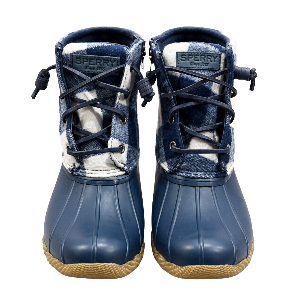 Sperry Saltwater Duck Boots Womens Navy Blue Buffalo Check Plaid 1