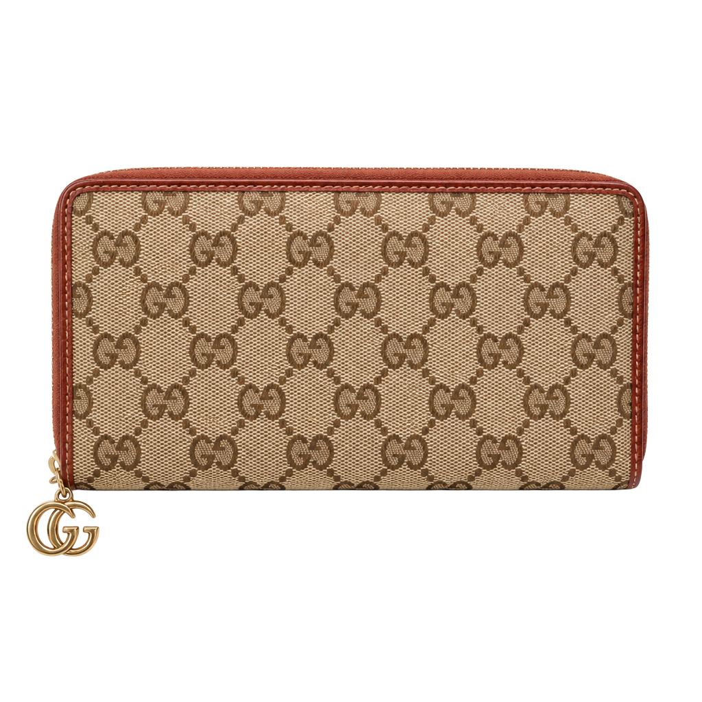 Vintage Gucci Brown GG Monogram Zip-Around Wallet with Gold GG Charm 1