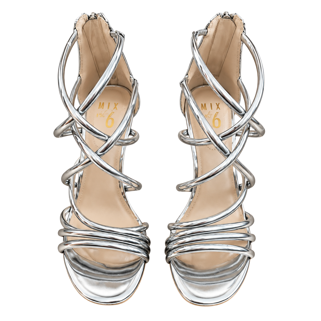 Mix No. 6 Women’s Sz 6 Silver Ria Metallic Sandal Zip Backs 3.5” Stiletto Heel 1