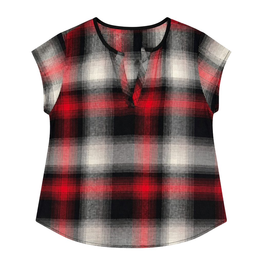 Anthropologie Cloth & Stone Short Sleeve Buffalo Plaid High Low Popover Top Red Size Medium 1