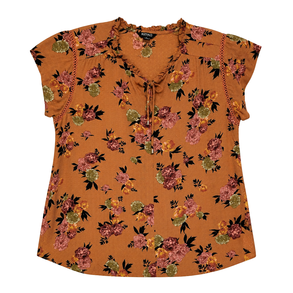 Buffalo David Bitton Womens MED Orange and Pink Floral Cap Sleeve Blouse 1