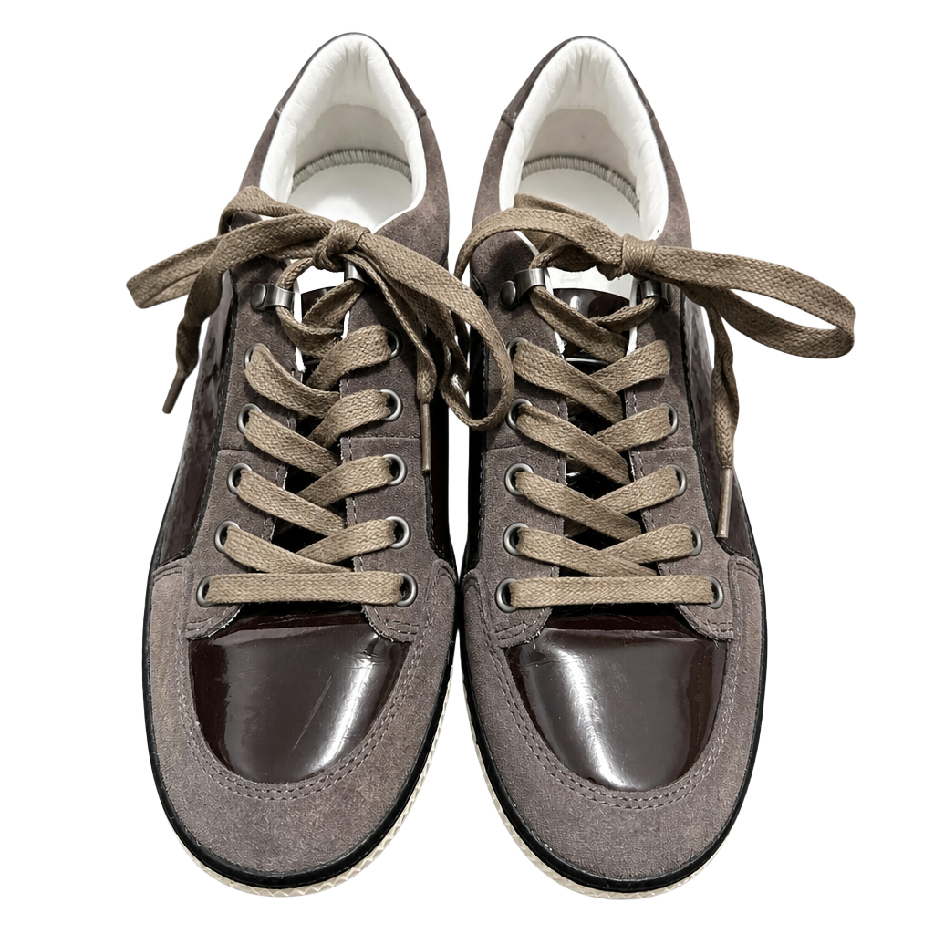 Designer Brown Suede and Patent Leather Sneakers Mens 7.5 Casual Luxury 1