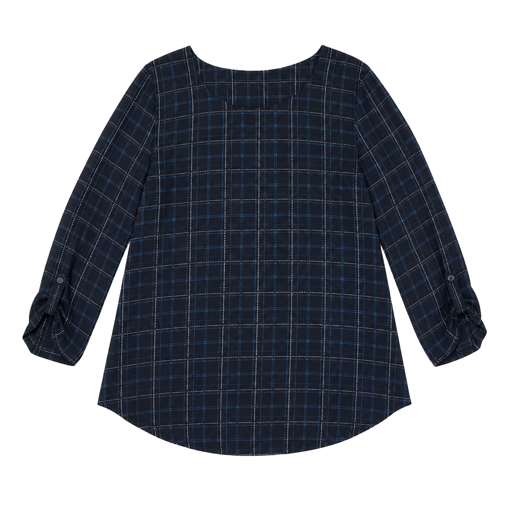 Ann Taylor Loft Pullover Blouse 3/4 Sleeve Boat Neck Blue Cream Plaid Sz Med 1