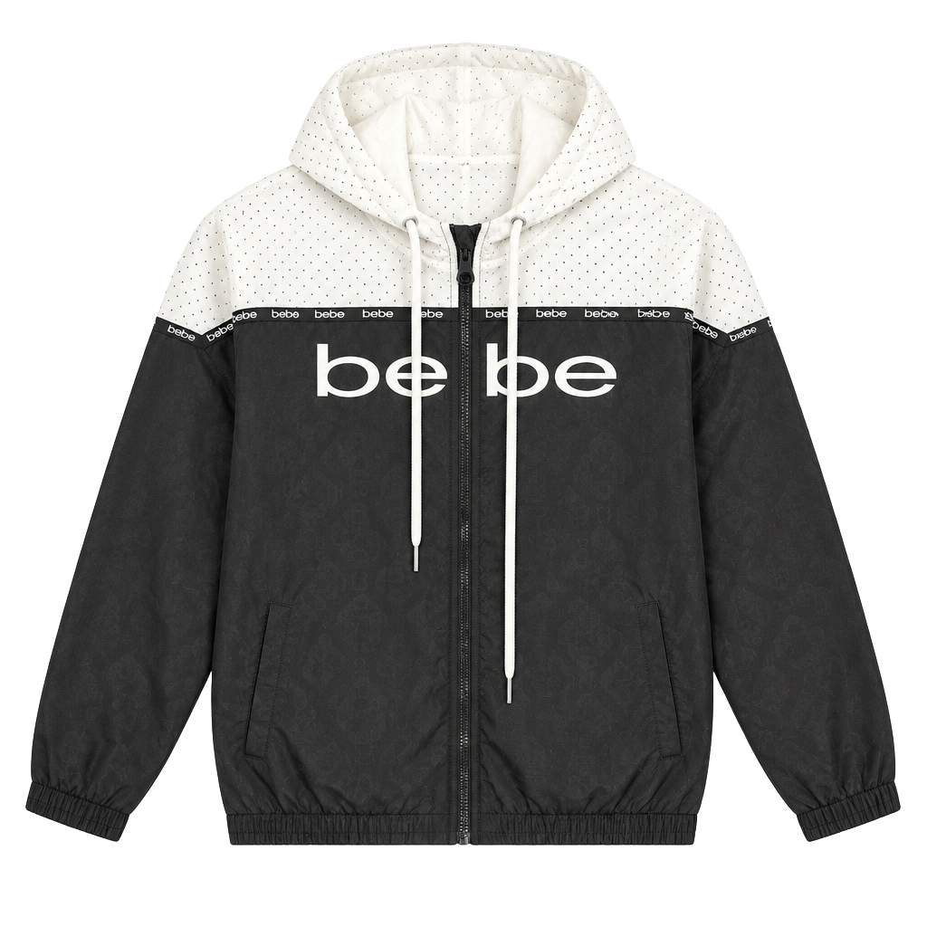 Bebe Sport Hooded Windbreaker Size M Black White Logo Jacket 1