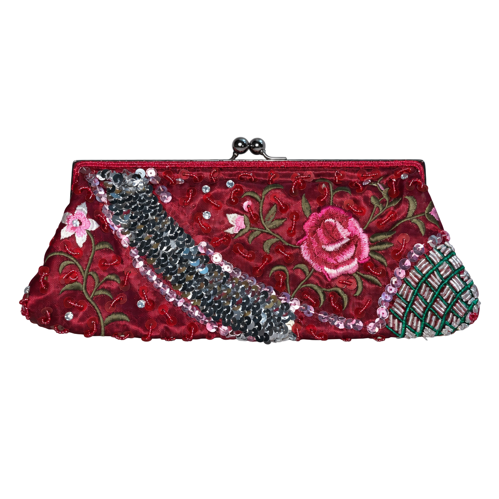 Aldo Red Floral Beaded Sequin Evening Clutch Bag Kiss Lock Purse 1