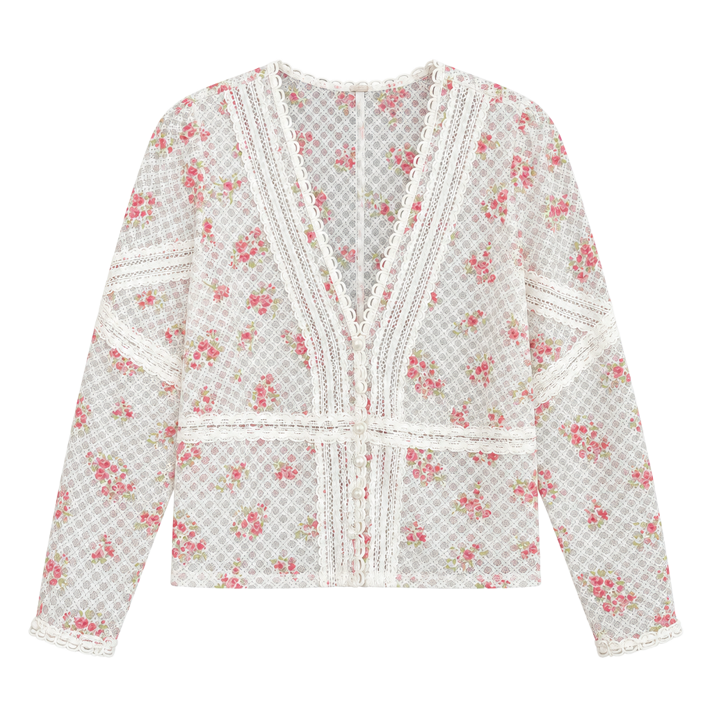 Free People Kika Printed Top Size L Cream Floral Lace Long Sleeve 1