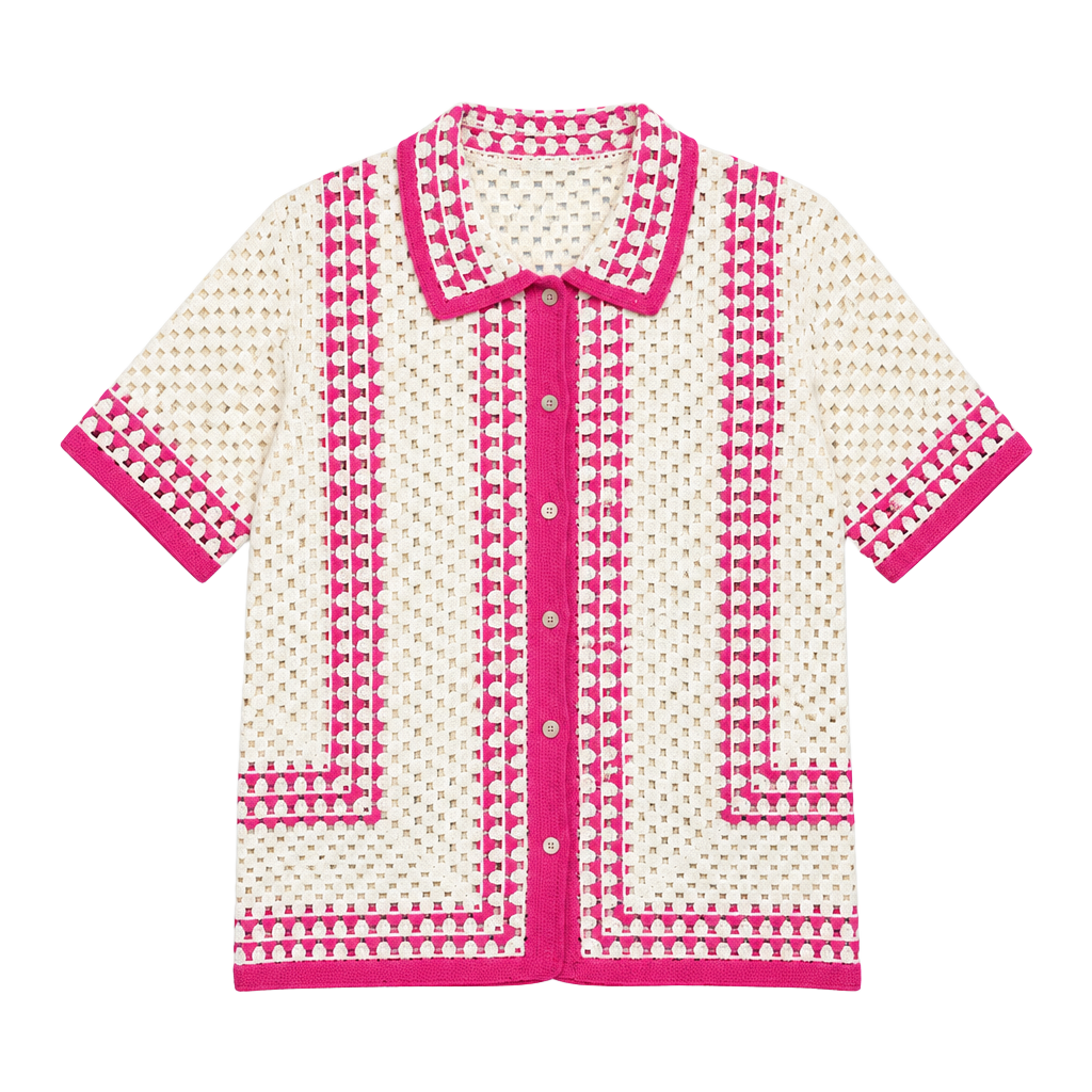 New In Crochet Knit Polo Shirt NT12044 Cream Pink Short Sleeve Top 1
