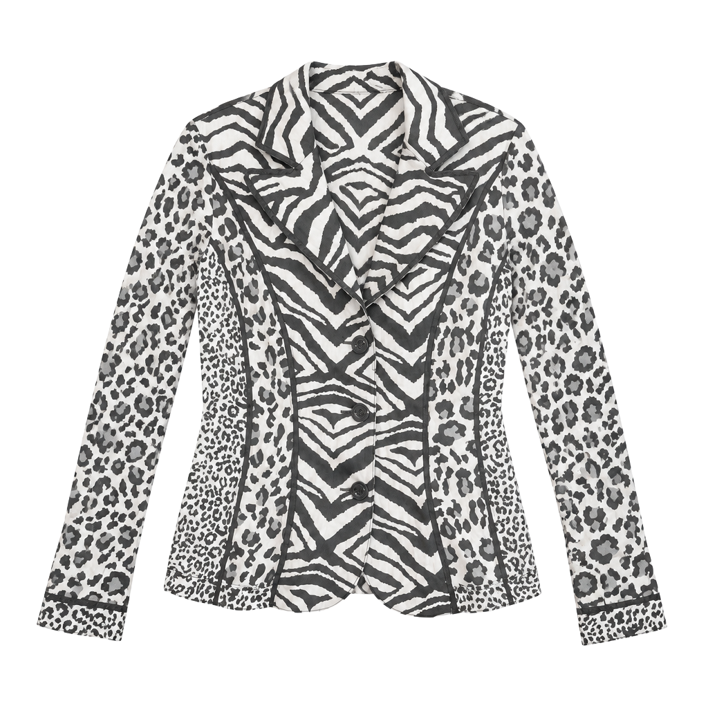 Alberto Makali Animal Print Blazer Size L Black White Beaded Lapel 1