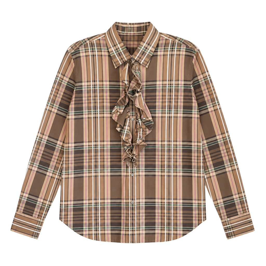 Lauren Ralph Lauren Plaid Ruffle Shirt Size XL Brown Long Sleeve 1