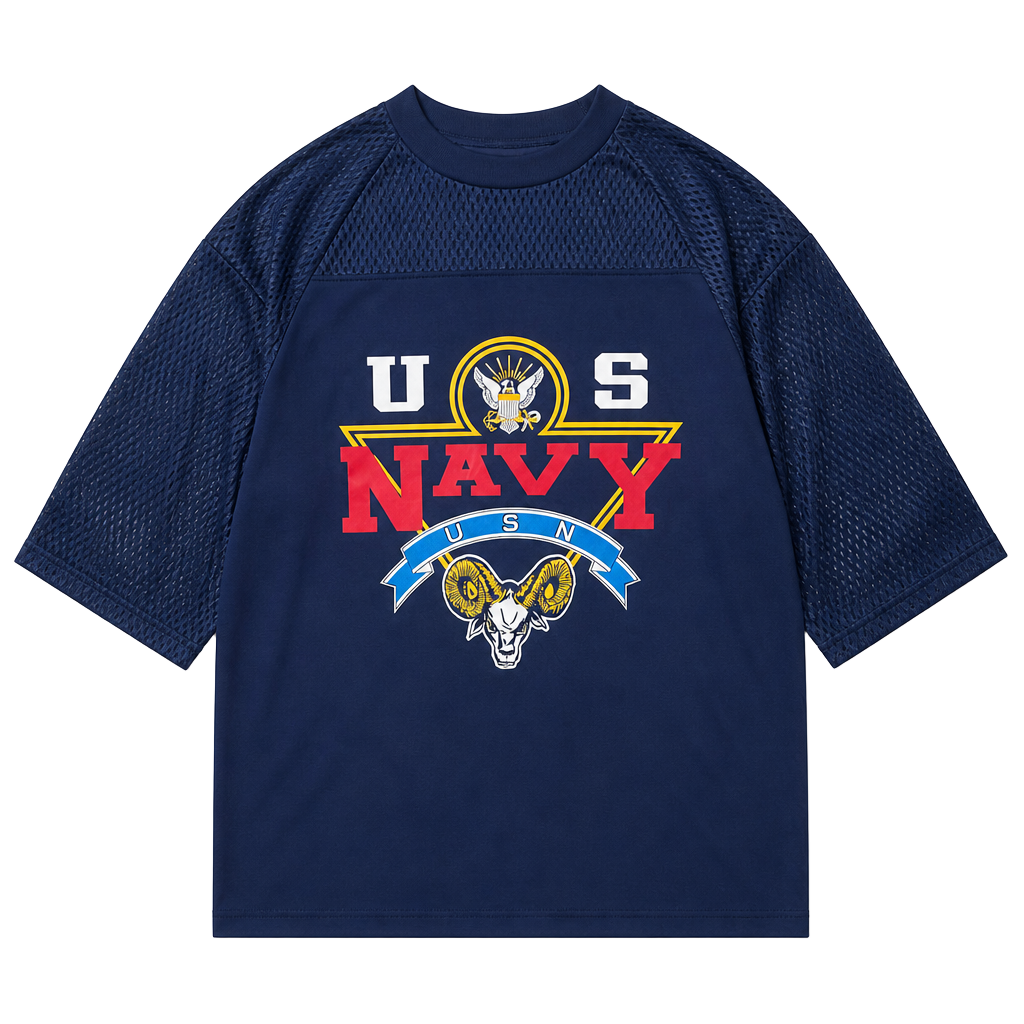 True vintage 80s Airtex US Navy Football Jersey Blue Mesh 3/4 Sleeve Graphic Tee 1