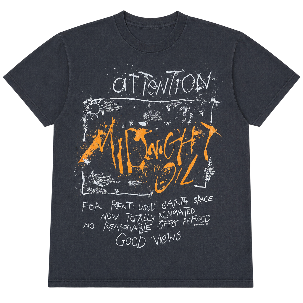 Vintage 1988 Midnight Oil Attention Band Tour Black T-Shirt XL Made In USA 1
