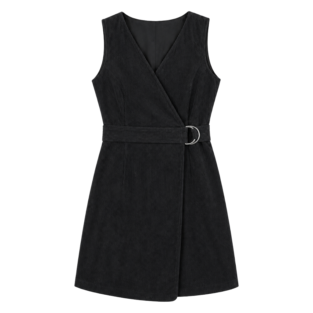 Halara Corduroy Mini Dress Size S Black Belted V-Neck Sleeveless 1