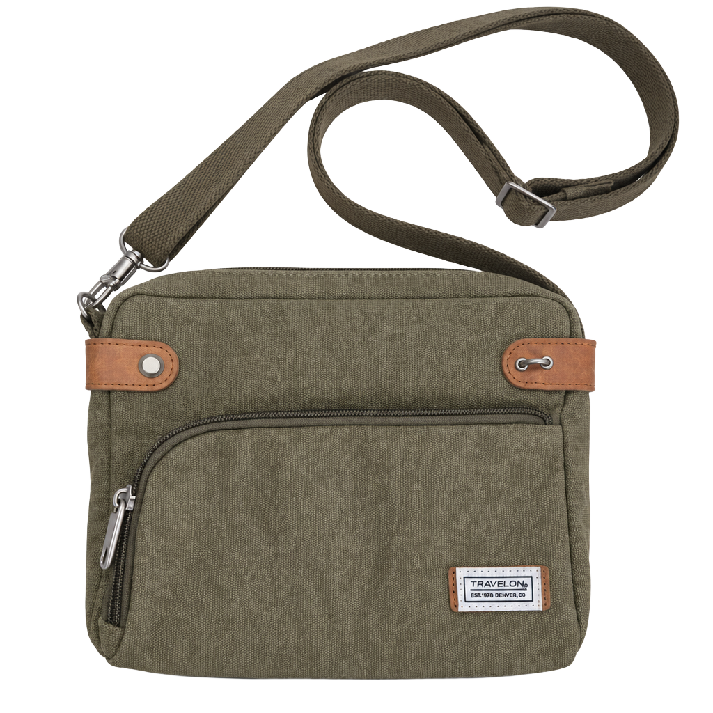 Travelon Anti-Theft Heritage Crossbody Bag Sage Green Canvas Suede Trim 1