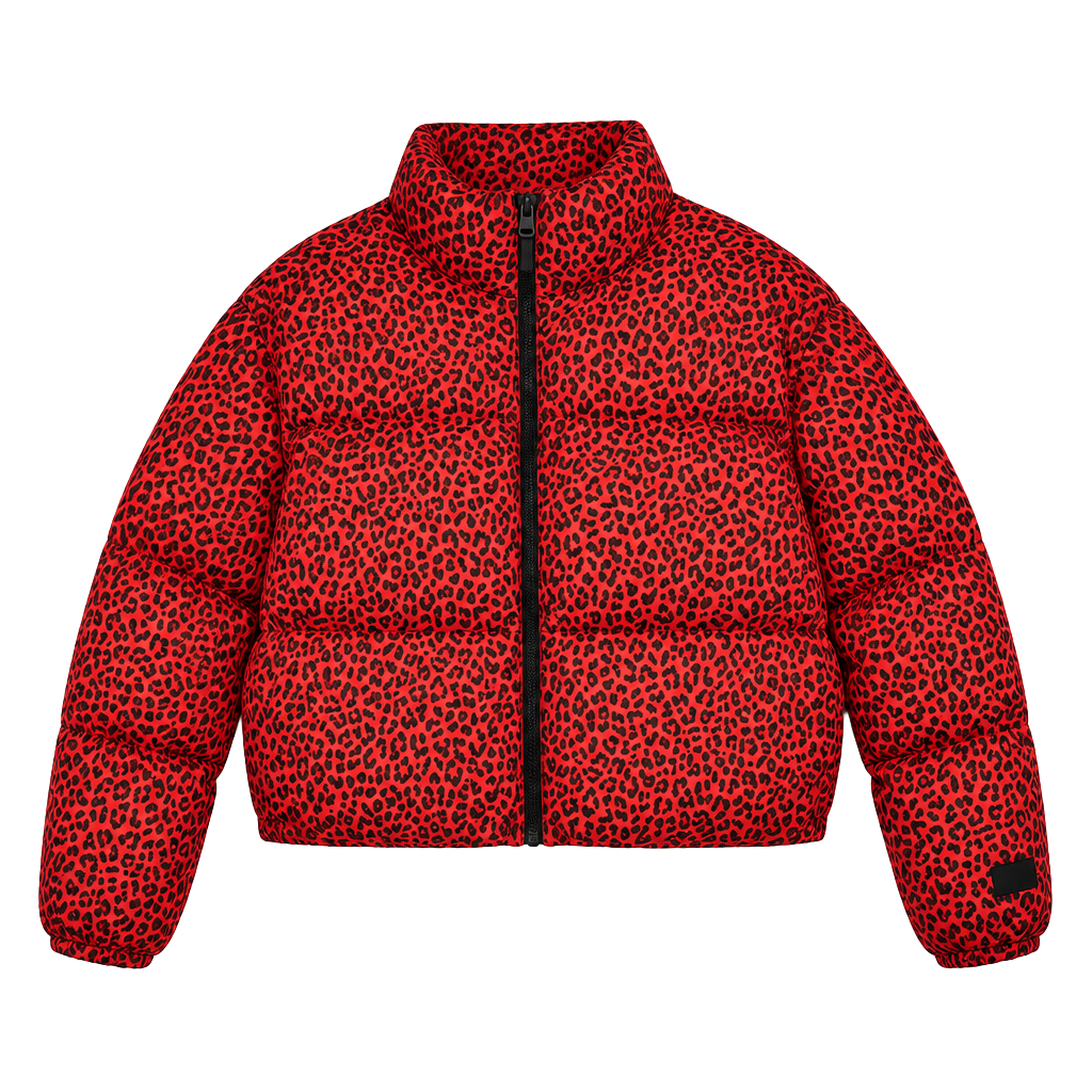 Fabletics Wander Cropped Puffer Jacket Size XL Red Leopard Print 1