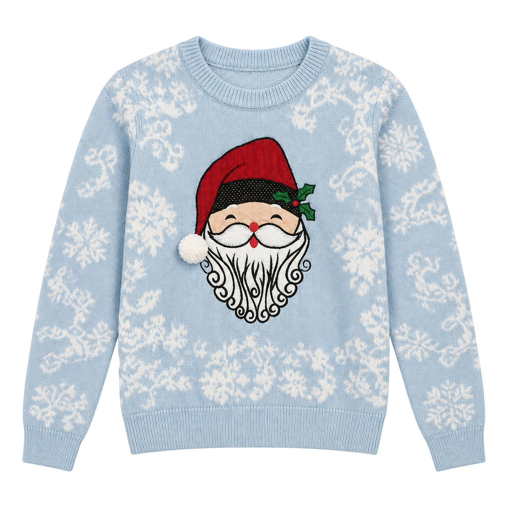 Christmas Santa Claus Reindeer Blue Knit Holiday Sweater 1