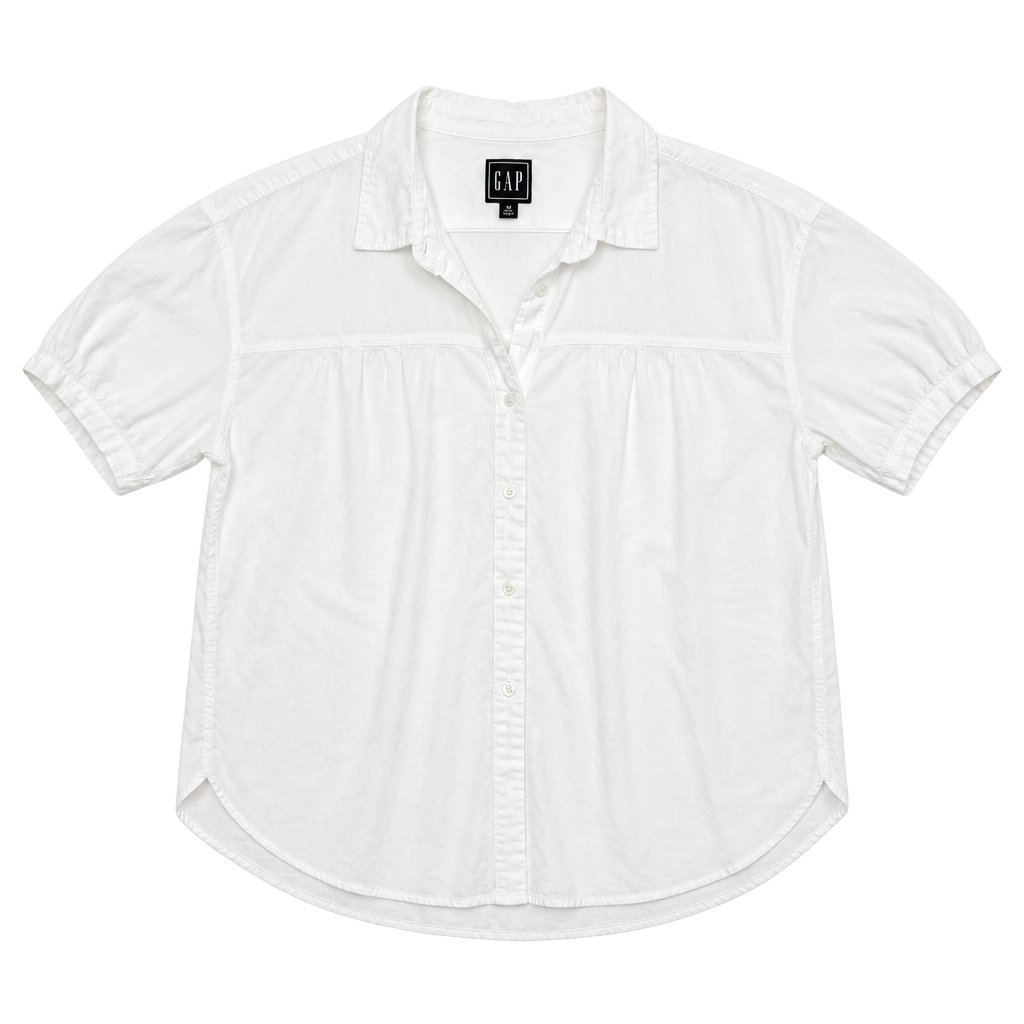 Gap White Short Sleeve Shirred Yoke Button Up Shirt Size M 1
