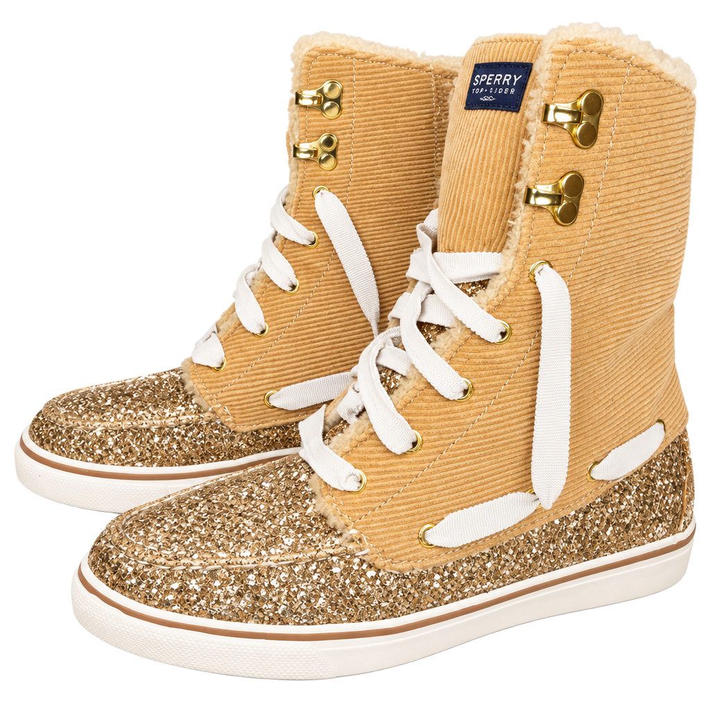 Sperry Acklins Winter Boots Size 8.5M Tan Corduroy Gold Glitter 1