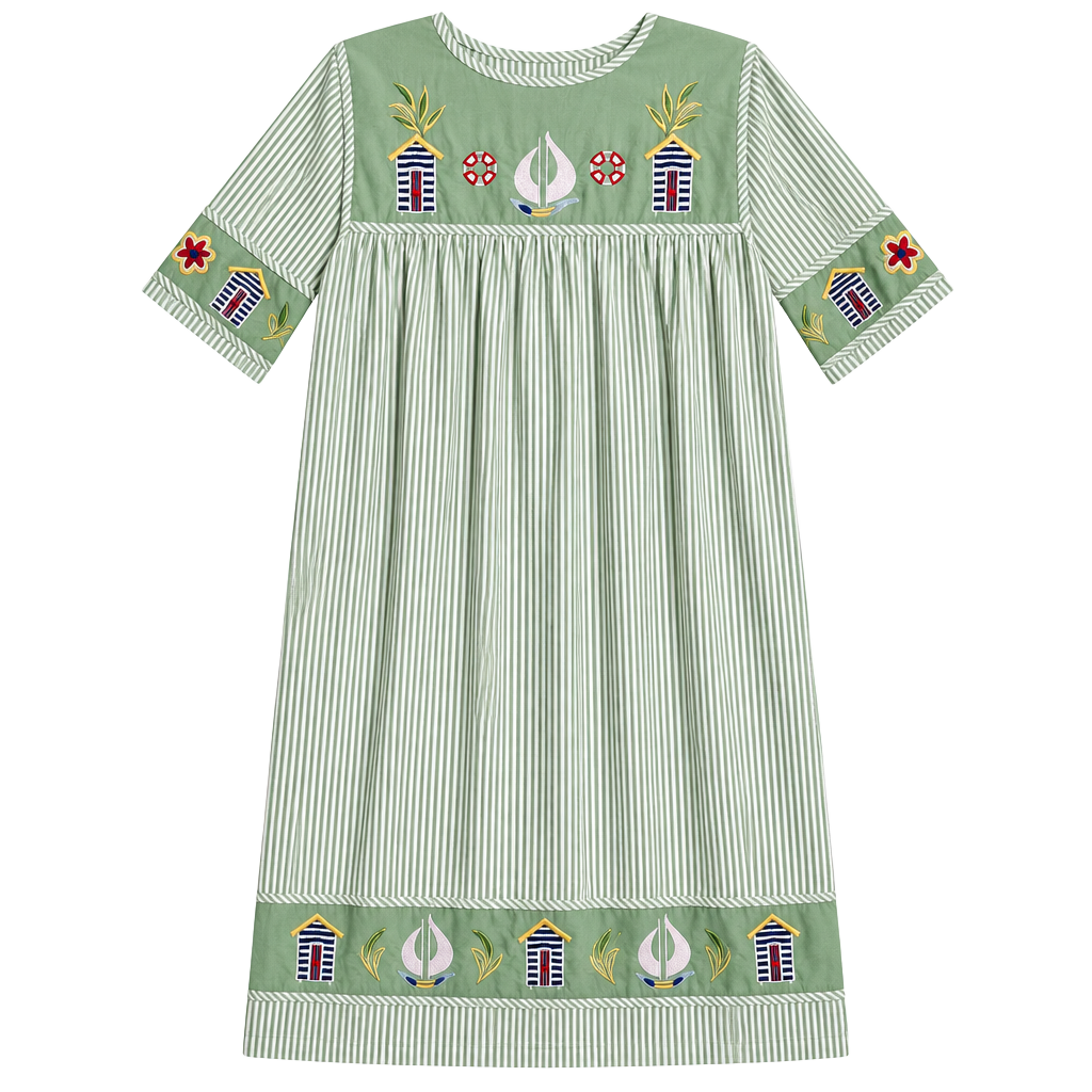 The Quacker Factory Green Striped Embroidered Patio Dress Size S 1