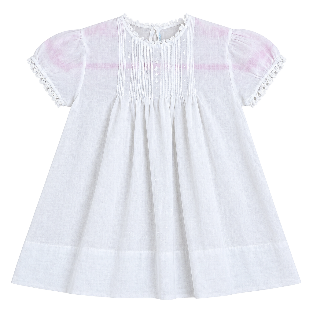 Vintage White Cotton Embroidered Pintuck Puff Sleeve Baby Dress 1