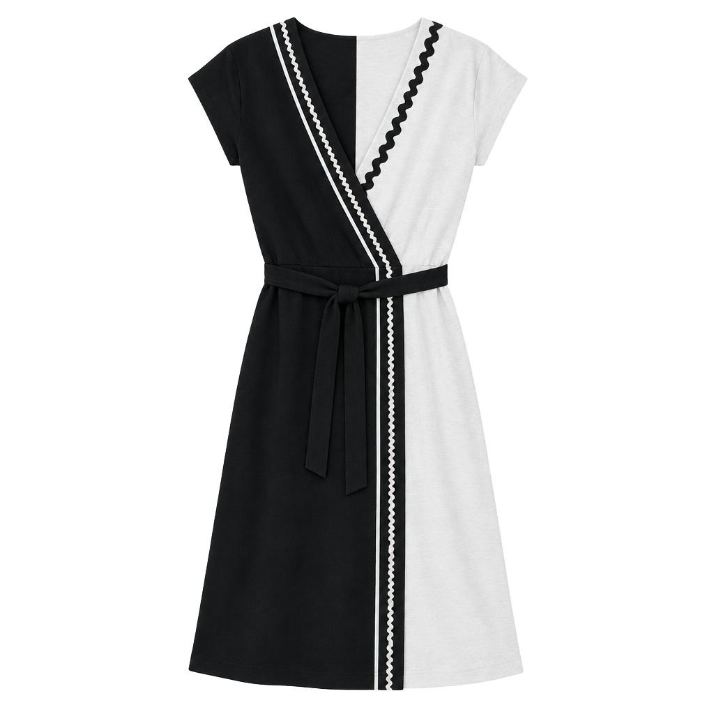 Vintage 1974-1976 Kay Windsor Wrap Dress Black White Contrast Stitching 1