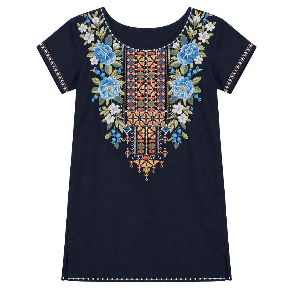 Johnny Was Embroidered Dress Size S Black Floral Short Sleeve Boho Tunic 1