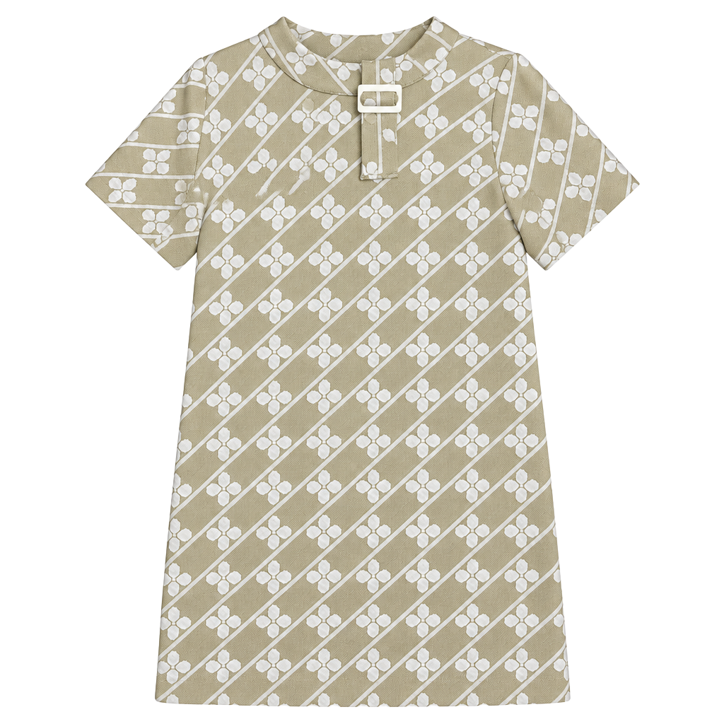 Vintage 60s Mod Geometric Mini Dress Tan White Floral 1