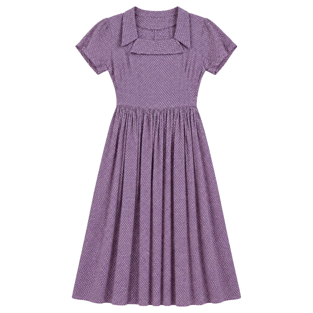 Vintage 1920s Purple Polka Dot Cotton Dress with Short Sleeves and Pleated Skirt 1