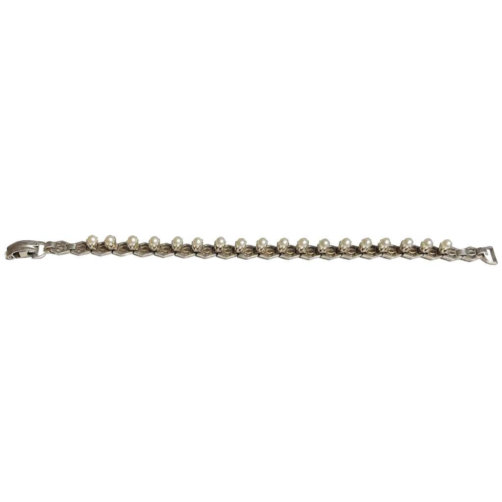Vintage Art Deco Geometric Faux Pearl Metal Link Bracelet 1
